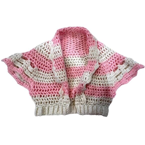 Handmade OOAK Grandma Crocheted Striped Short Sleeve Cardigan Small pink white - Picture 7 of 7